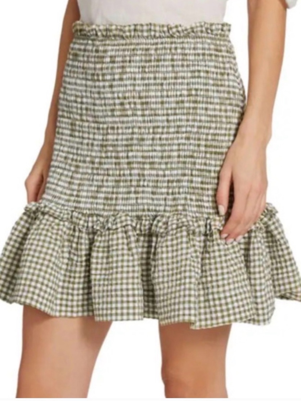 VERONICA BEARD Jeans Miniskirt Aloya Smocked Green & White Cotton Blend Size L